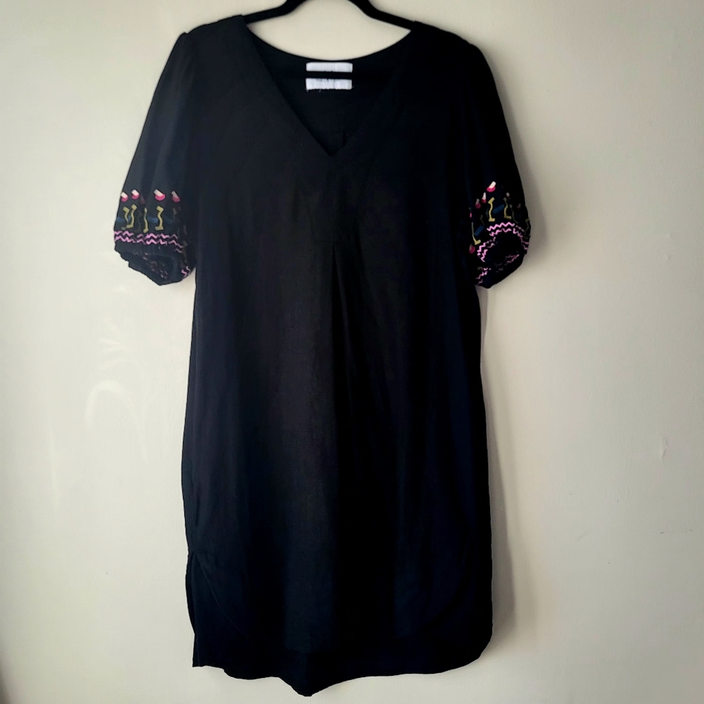 Halston Black Embroidered Ballon Sleeve Summer Vacation Women's Dress